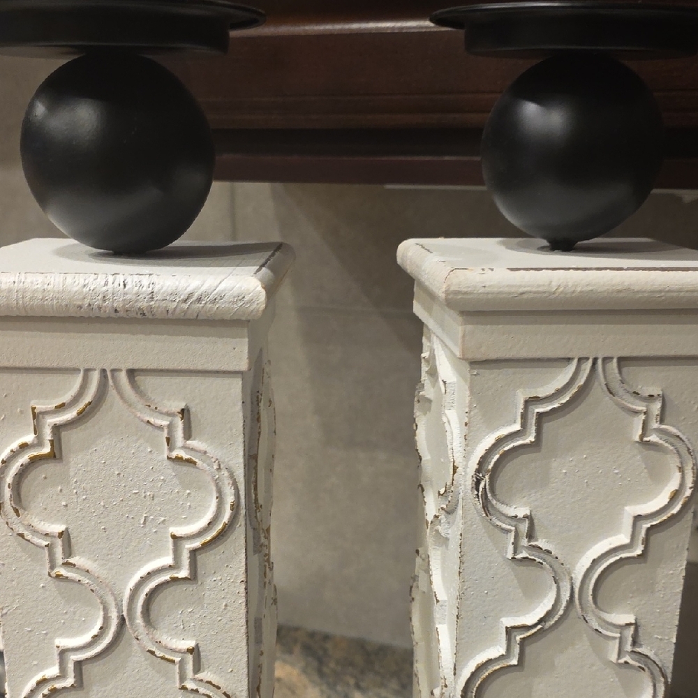 Distressed White Carved Pillar Candle Holders with Black Accents - Pair - Picture 5 of 8